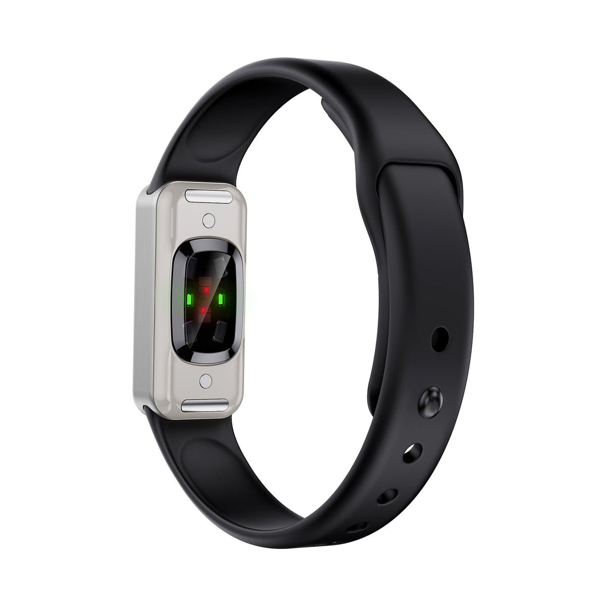 Fort silver device with silicone charcoal strap, back view